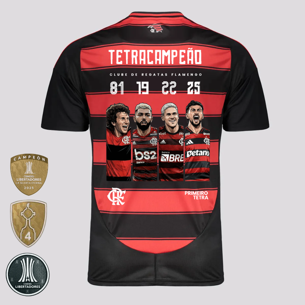 CAMISA MENGÃO TITULAR EDIÇÃO TETRACAMPEÃO + PATCHS LIBERTADORES