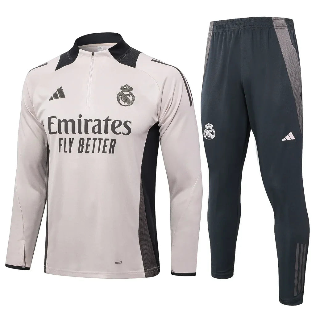 Conjunto Real Madrid Zíper Curto Treino Bege e Ciano 2024/25
